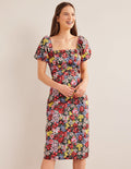 Puff Sleeve Column Midi Dress-Multi, Moire Bloom