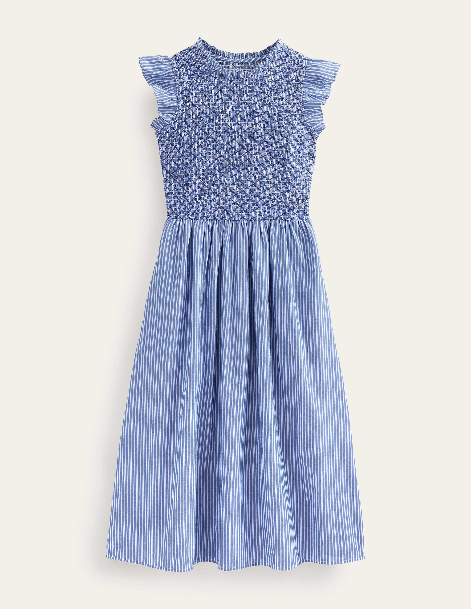 Smocked Bodice Midi Dress-Mid Blue, Leno Stripe - Image 5