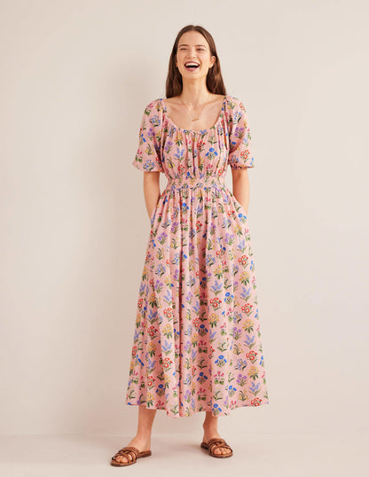 Midikleid mit Rundhalsausschnitt-Altrosa, Frühlingsgarten