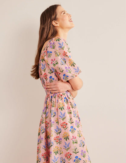 Midikleid mit Rundhalsausschnitt-Altrosa, Frühlingsgarten