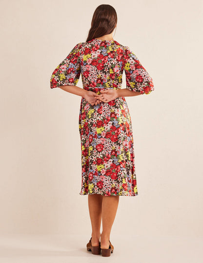 Button Detail Satin Tea Dress-Multi, Moire Bloom-3