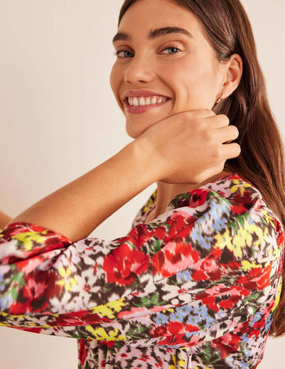 Button Detail Satin Tea Dress-Multi, Moire Bloom-4