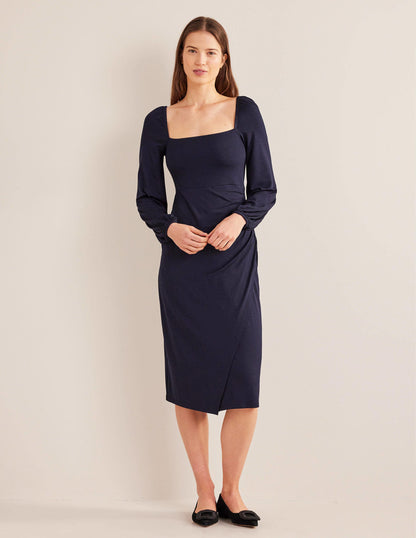 Jersey-Midikleid mit eckigem Ausschnitt-Marineblau-1