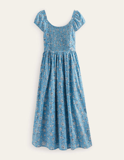 Robe à smocks dans le dos-Bleu dauphin, motif Meadow Fall-5