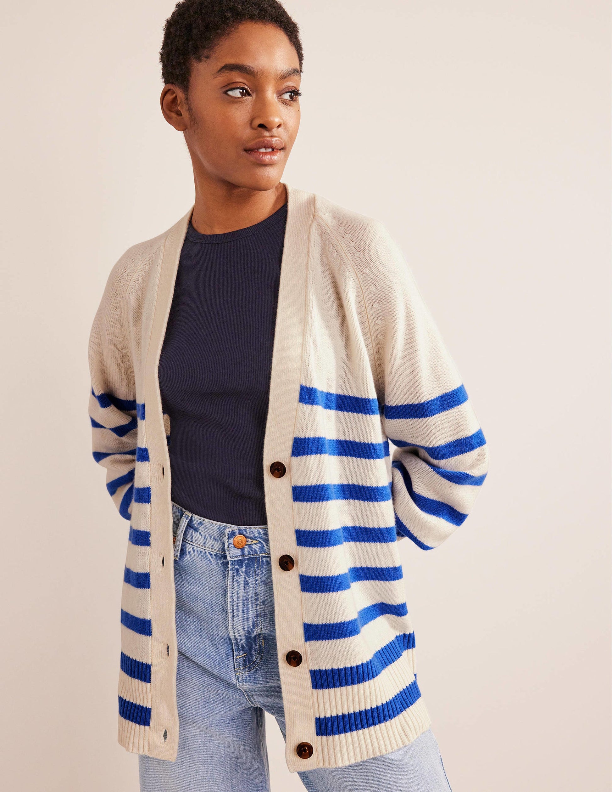 Langer Kaschmircardigan-Ivory, Bright Blue Stripe-2