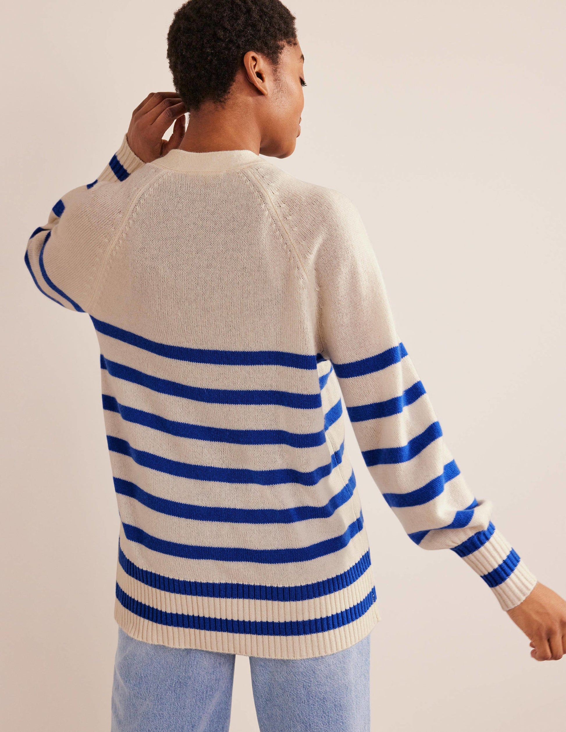 Langer Kaschmircardigan-Ivory, Bright Blue Stripe-4
