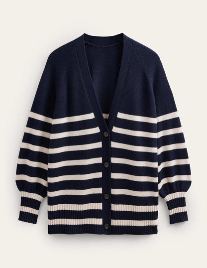 Langer Kaschmircardigan-Navy/Mausgrau, Gestreift