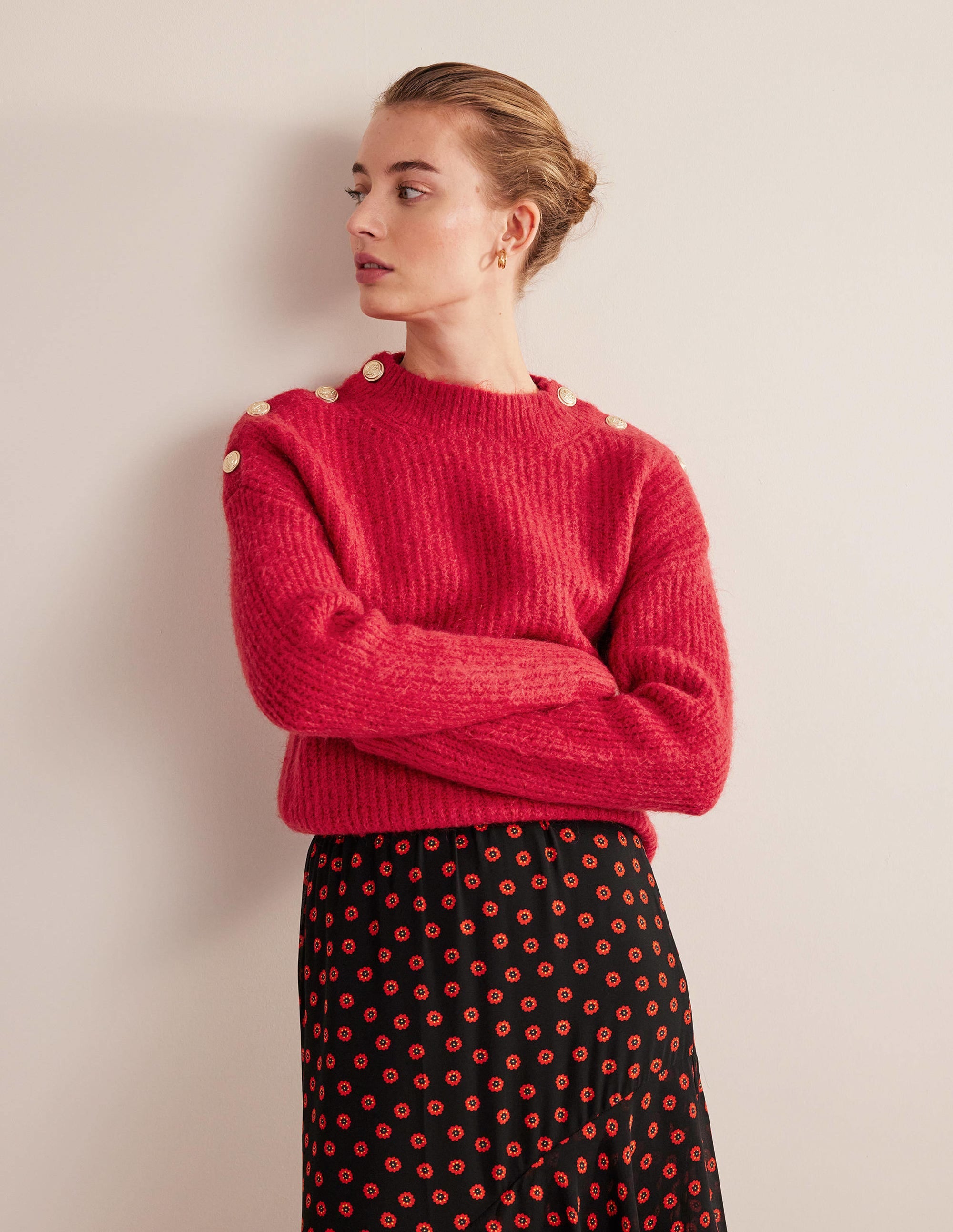 Rippstrickpullover mit Knöpfen an der Schulter-Rubinrot - Image 2