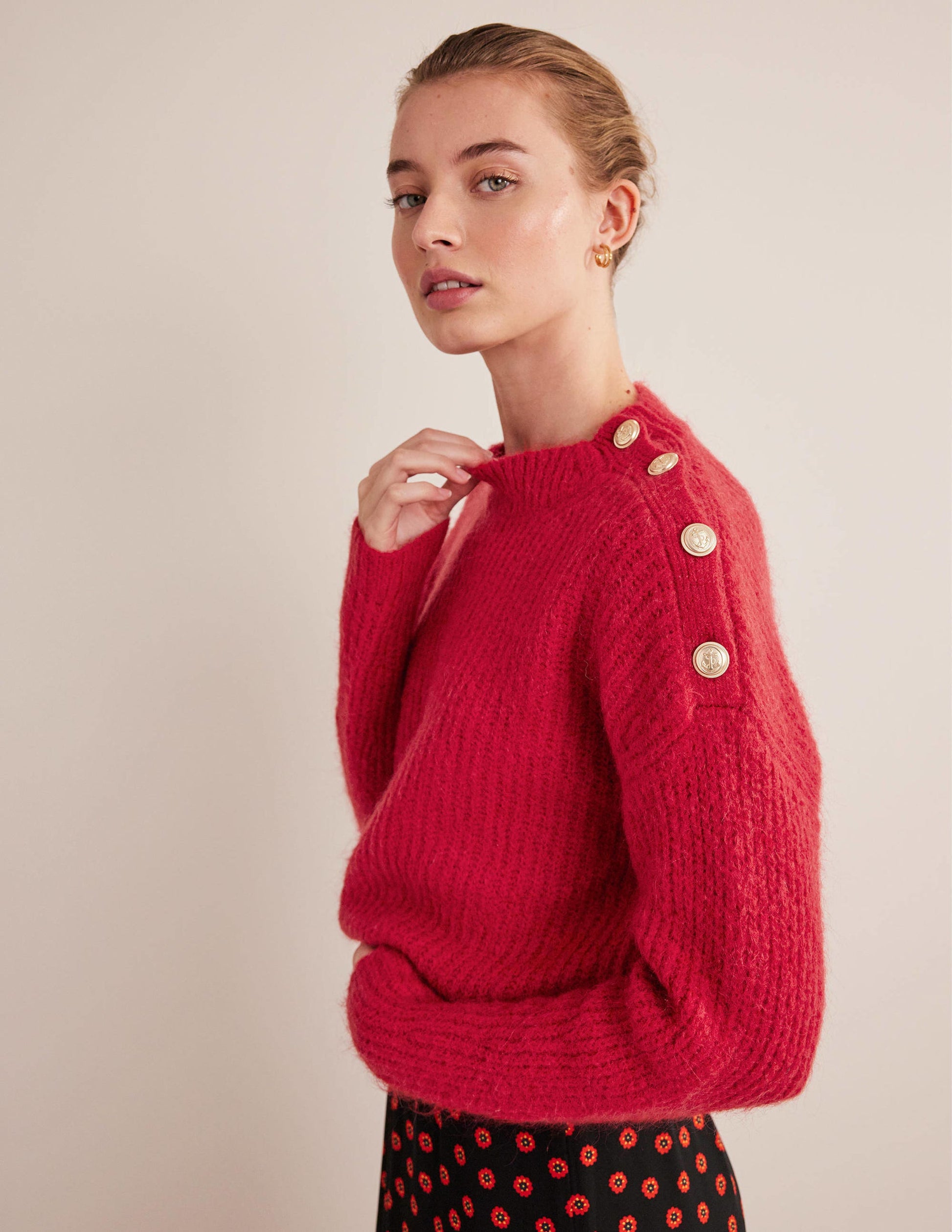 Rippstrickpullover mit Knöpfen an der Schulter-Rubinrot-4