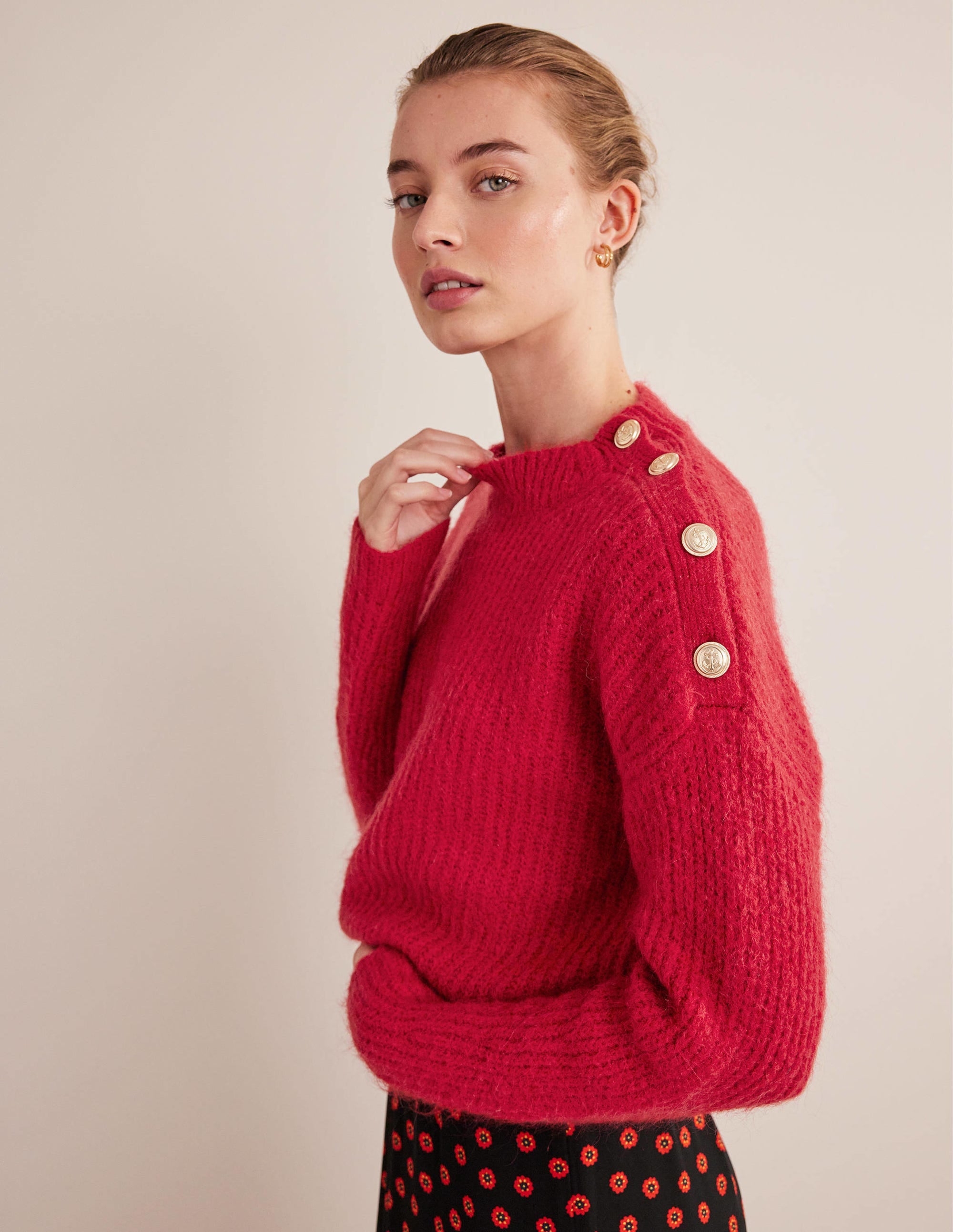 Rippstrickpullover mit Knöpfen an der Schulter-Rubinrot - Image 4