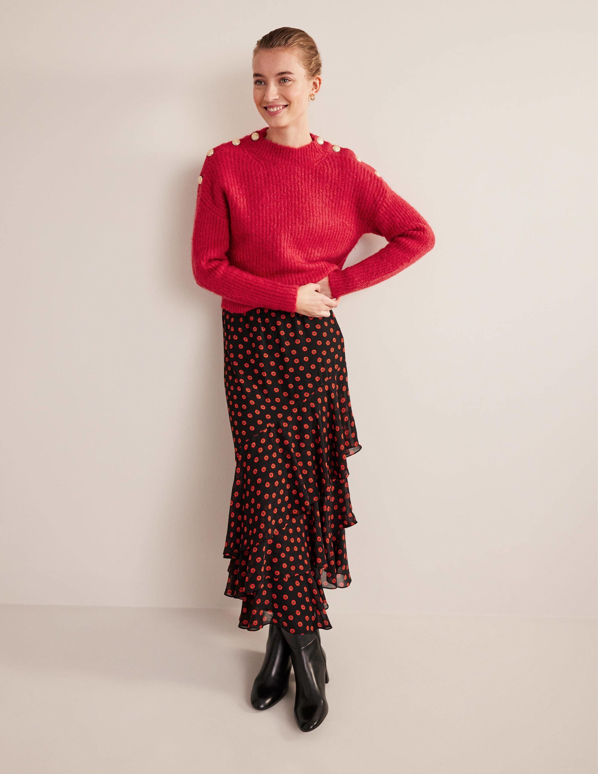 Rippstrickpullover mit Knöpfen an der Schulter-Rubinrot - Image 5