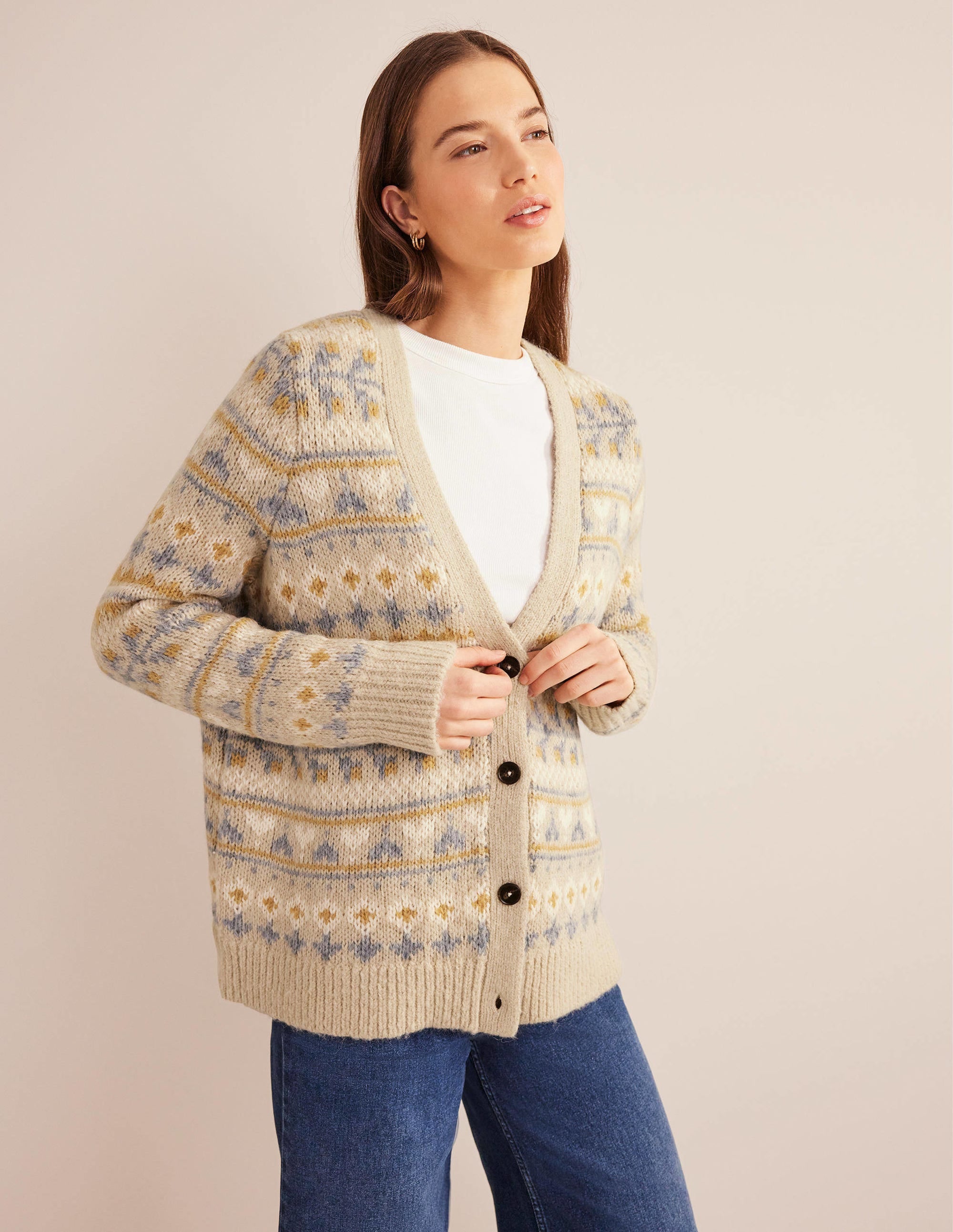 Fluffy Fair Isle Cardigan-Oatmeal Melange Fairisle - Image 1