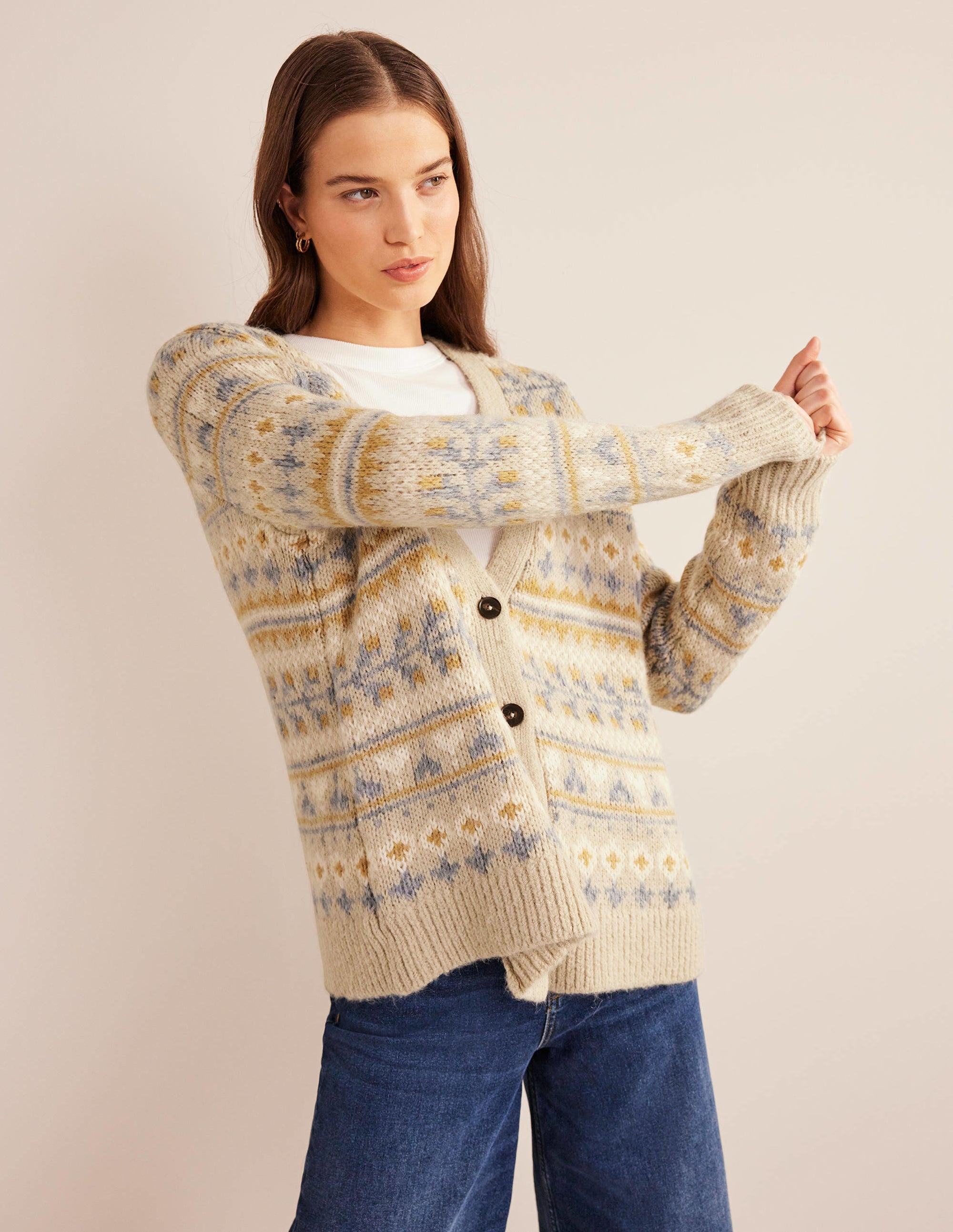 Fluffy Fair Isle Cardigan-Oatmeal Melange Fairisle - Image 4