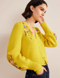 Blumiger Cardigan mit Stickerei-Maisgelb, Filigranes Blumenmuster