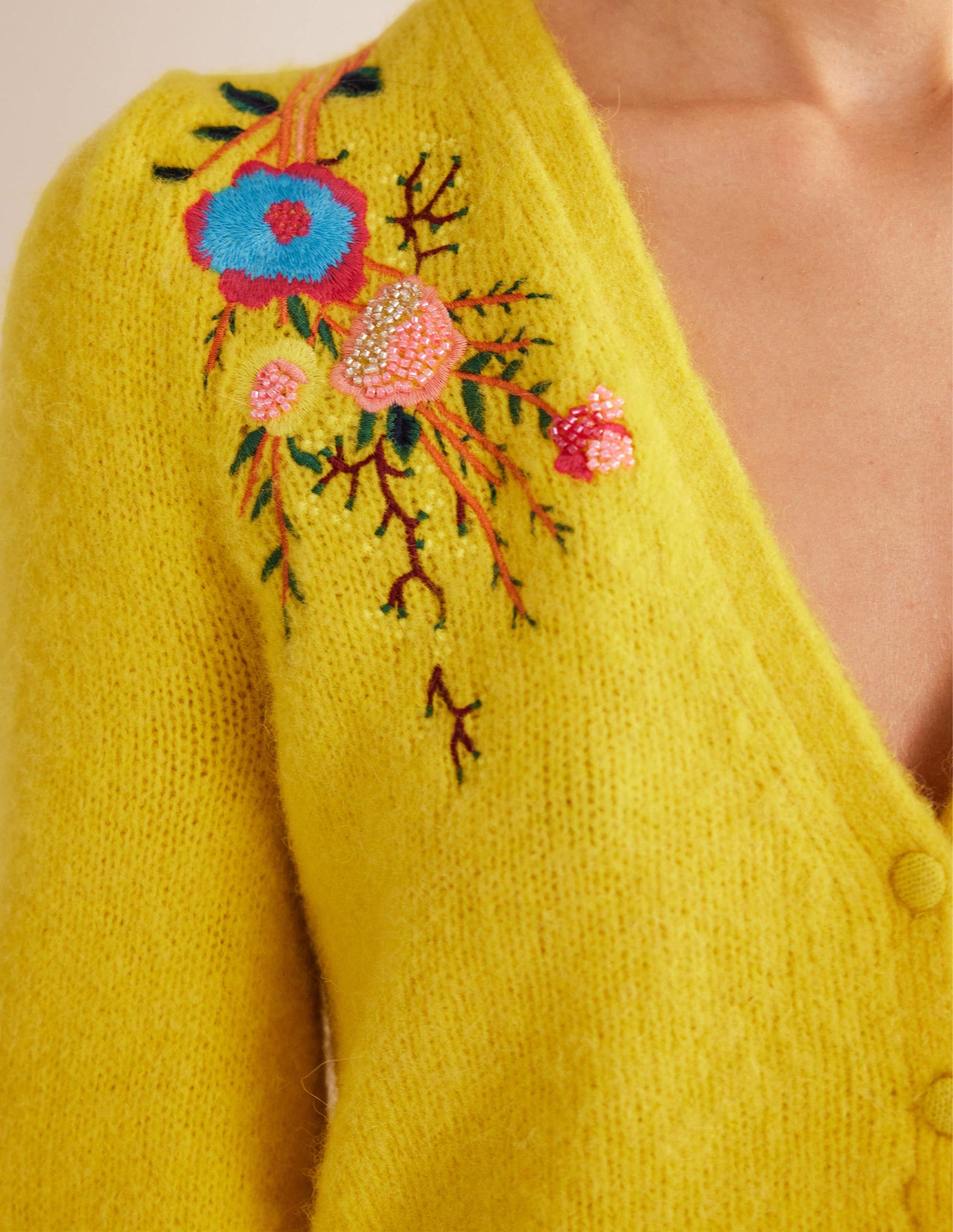 Blumiger Cardigan mit Stickerei-Maisgelb, Filigranes Blumenmuster-2