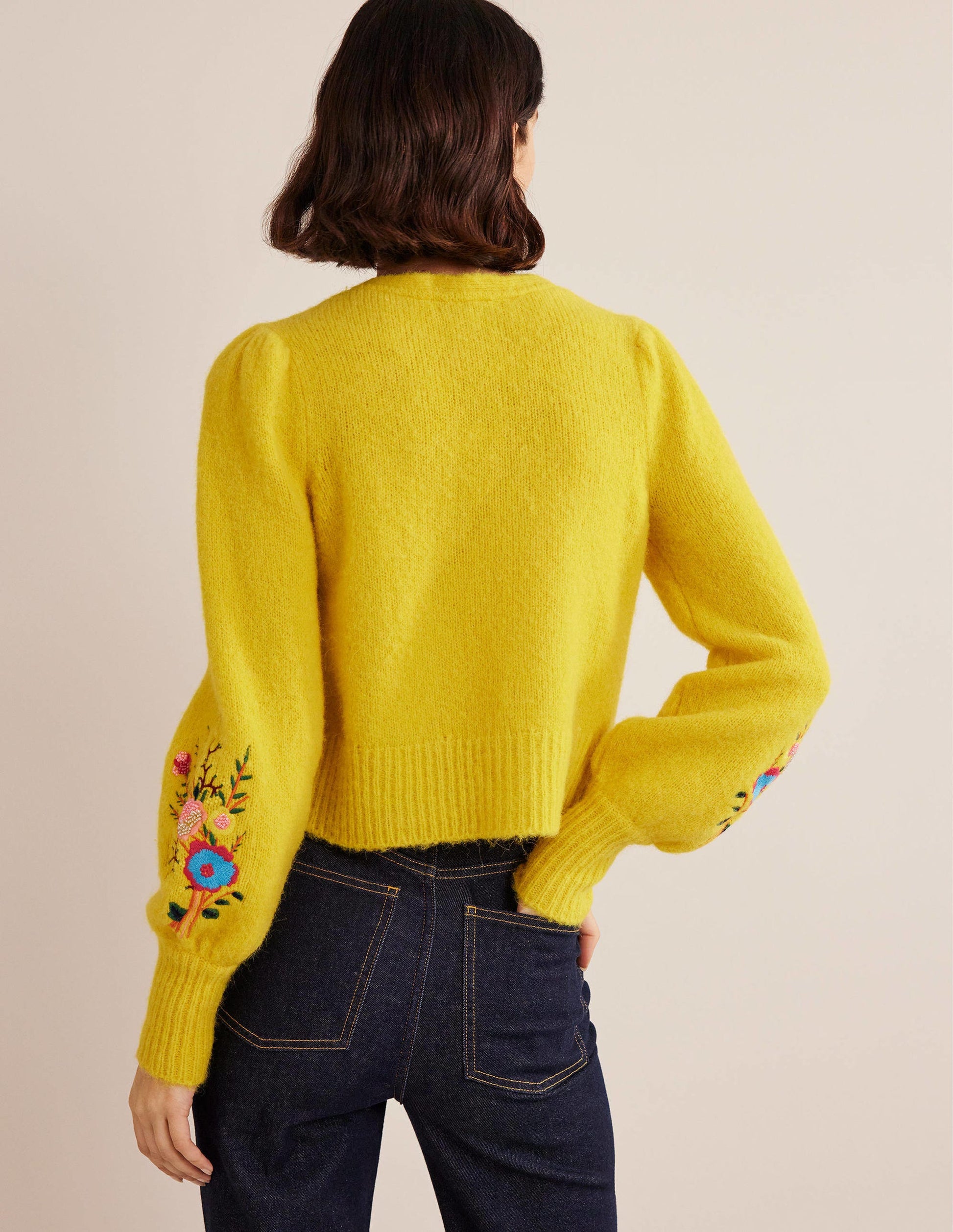 Blumiger Cardigan mit Stickerei-Maisgelb, Filigranes Blumenmuster-3