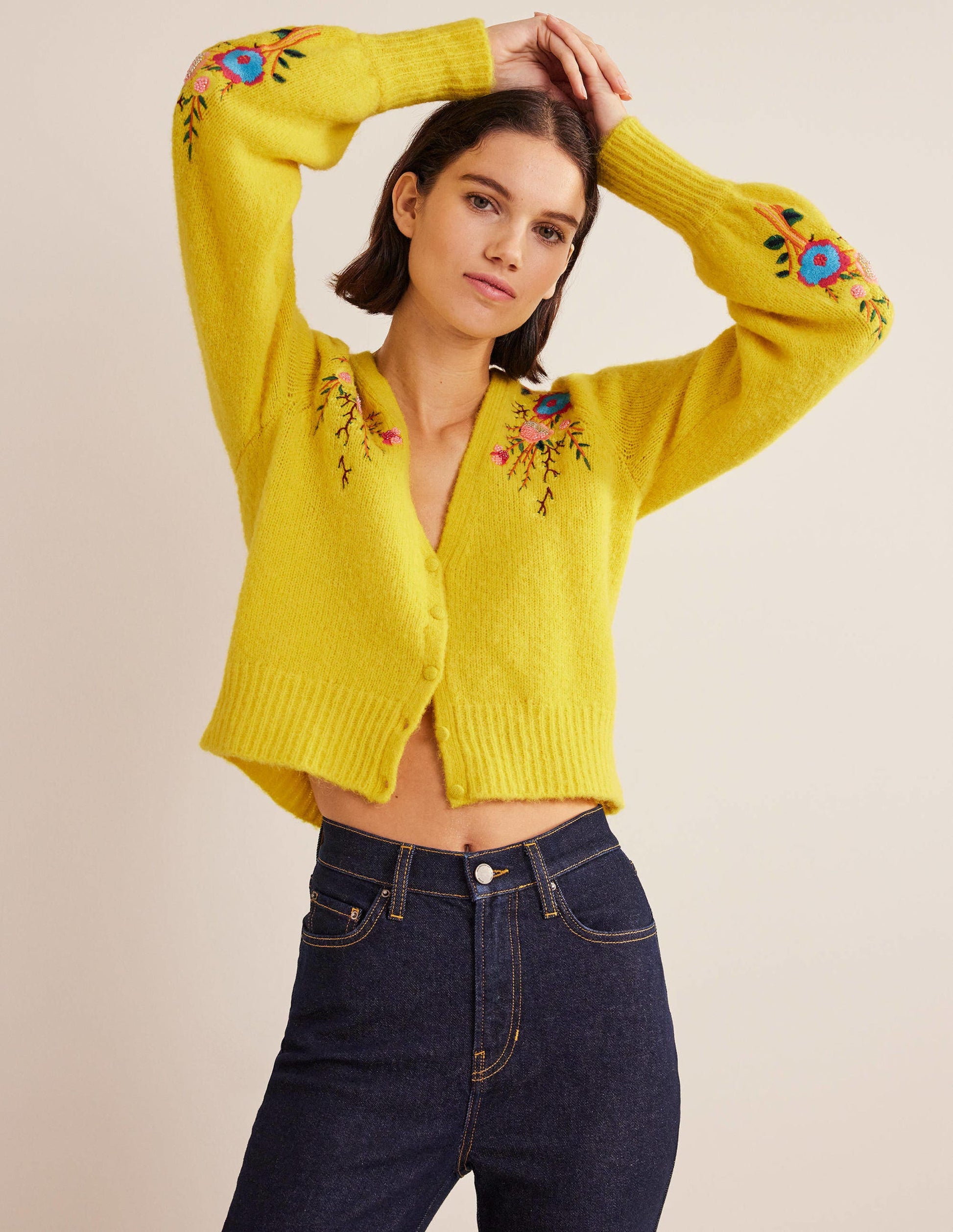 Blumiger Cardigan mit Stickerei-Maisgelb, Filigranes Blumenmuster-4