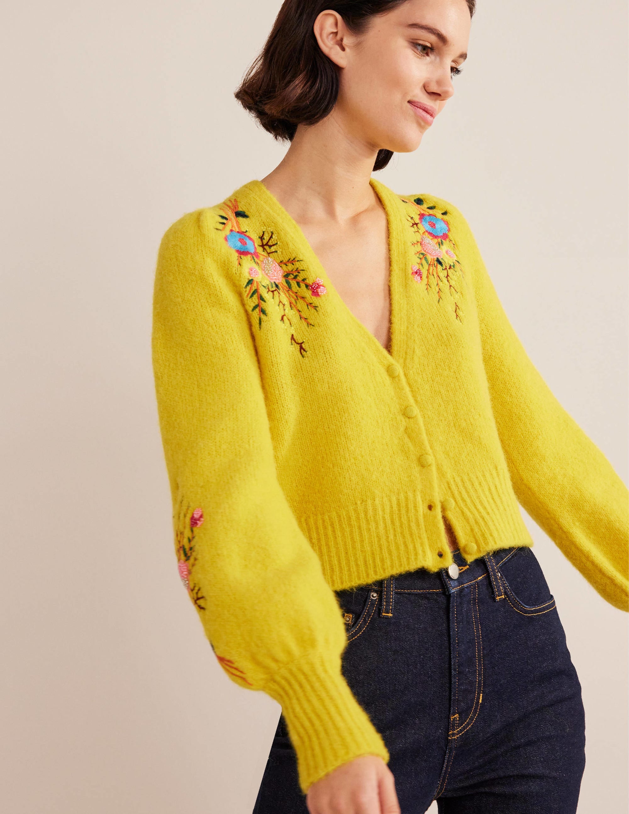 Blumiger Cardigan mit Stickerei-Maisgelb, Filigranes Blumenmuster - Image 5