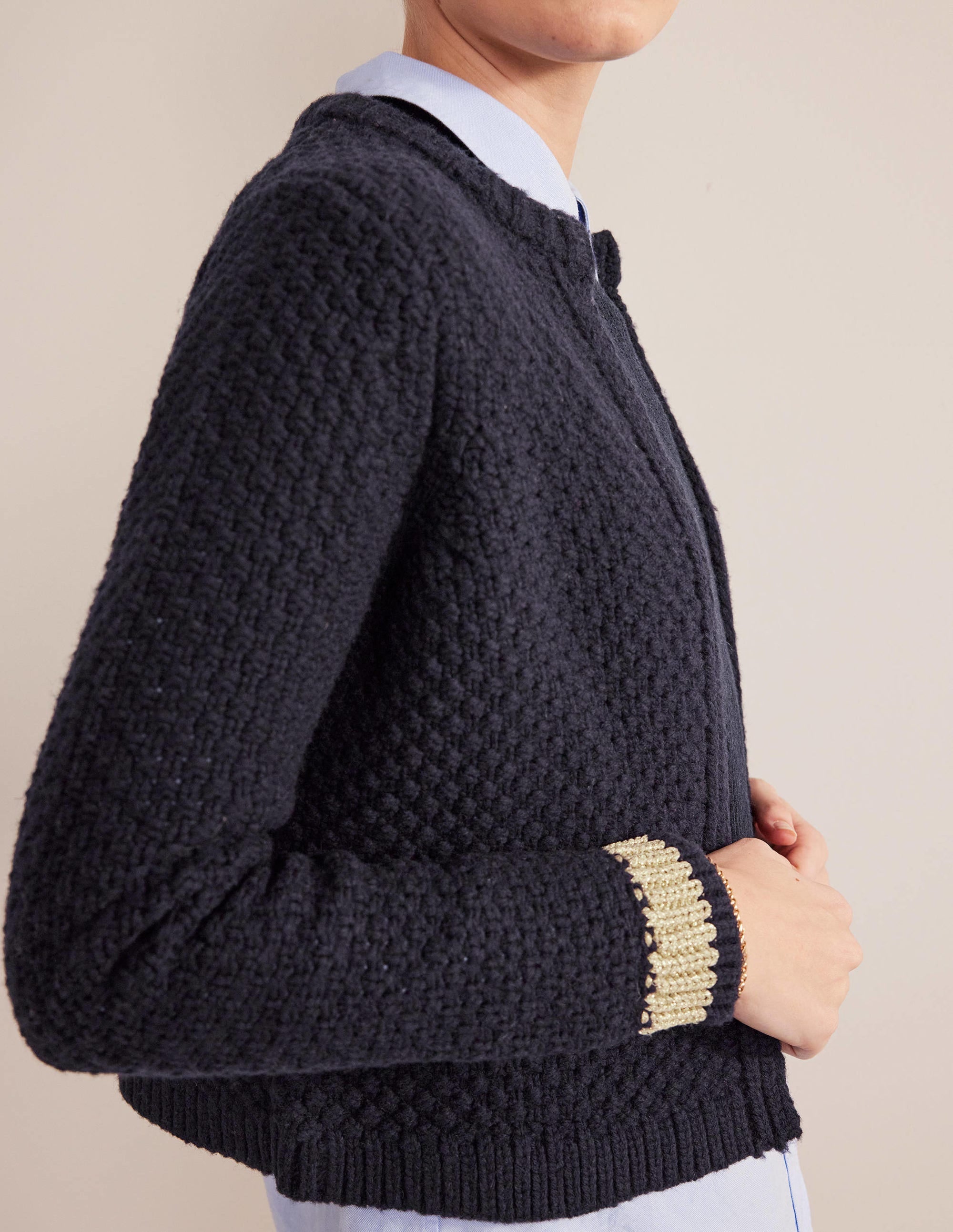 Strukturierter Grobstrick-Cardigan-Navy, Gold - Image 3