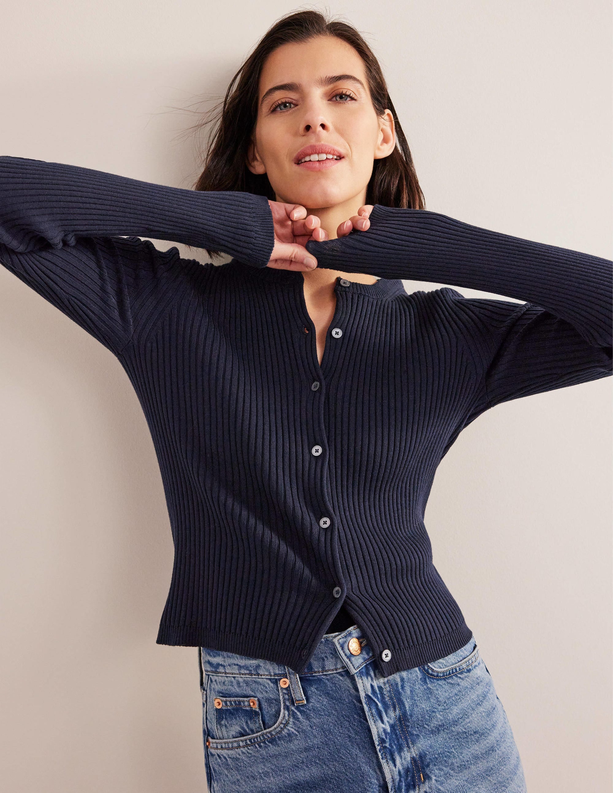 Cardigan mit Rippstrickdetail-Marineblau - Image 4