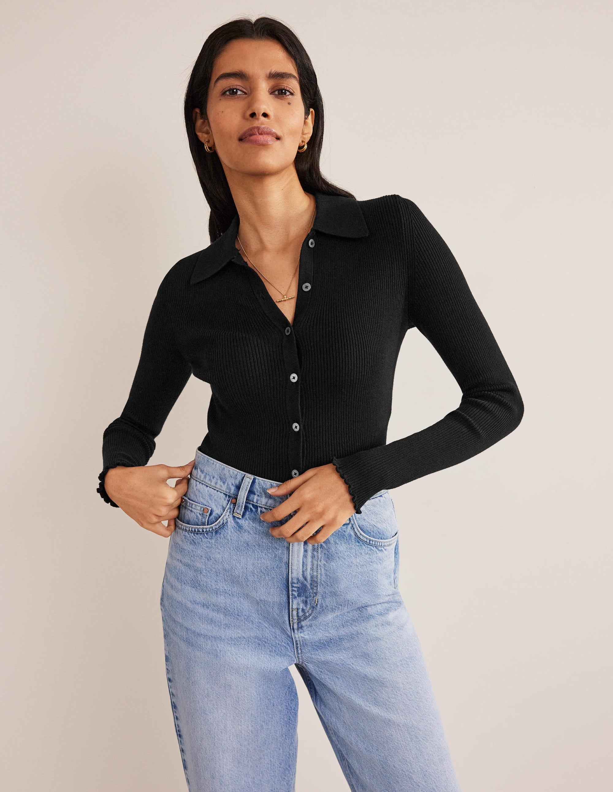 Chemise ajustée côtelée-Noir - Image 1