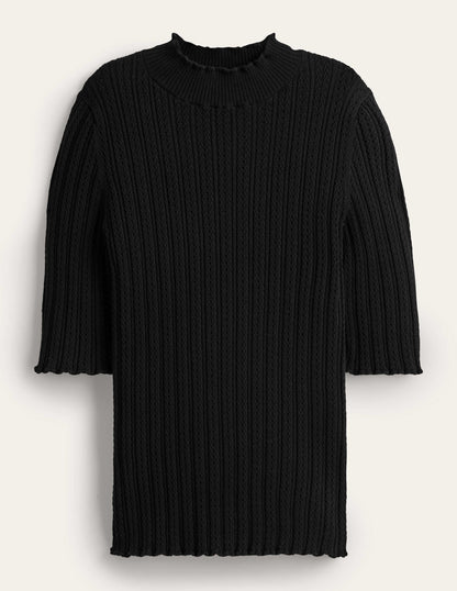 Geripptes T-Shirt mit hohem Kragen-Schwarz