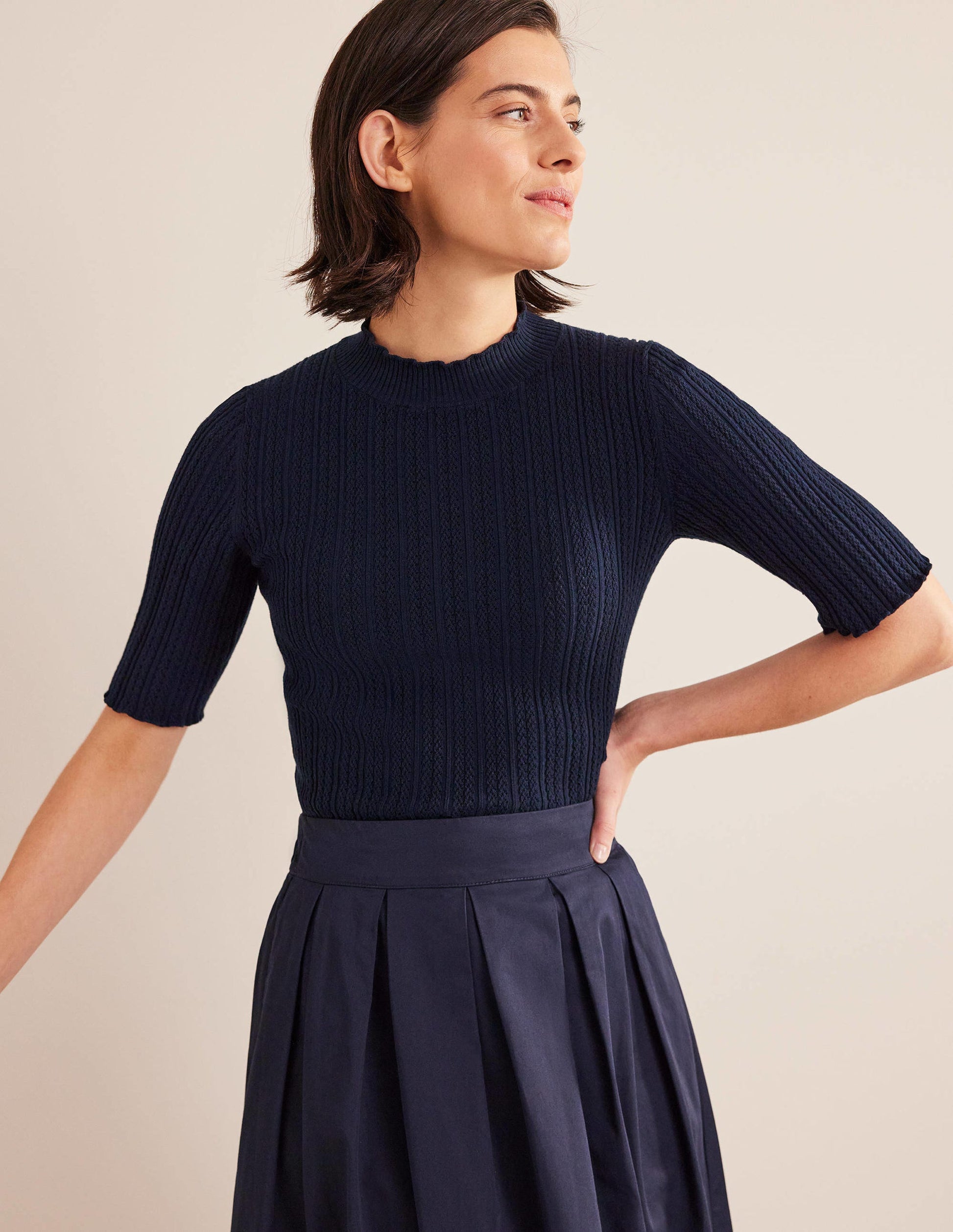 Ribbed Pointelle High Neck Top-Navy-1