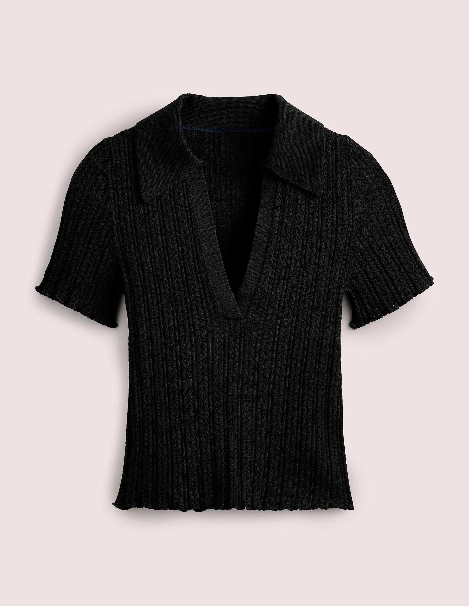 Rippstrick-T-Shirt mit Kragen-Schwarz-5