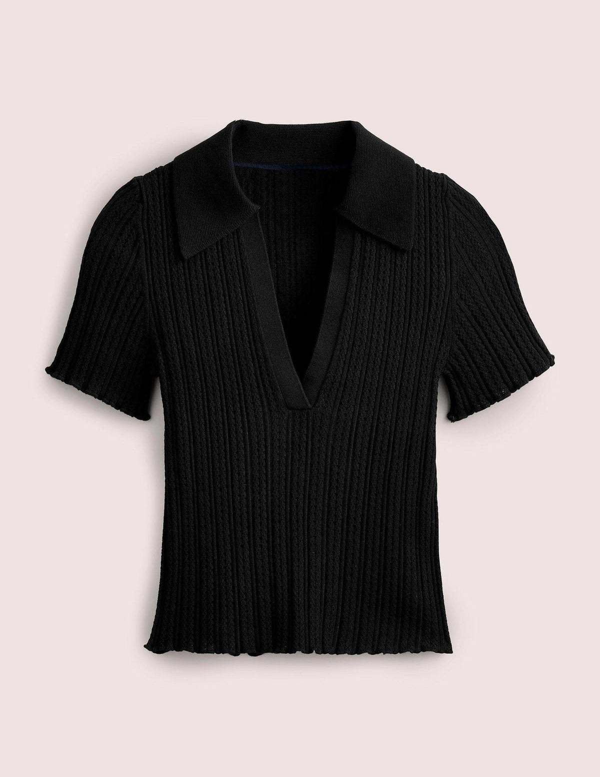 Rippstrick-T-Shirt mit Kragen-Schwarz - Image 5