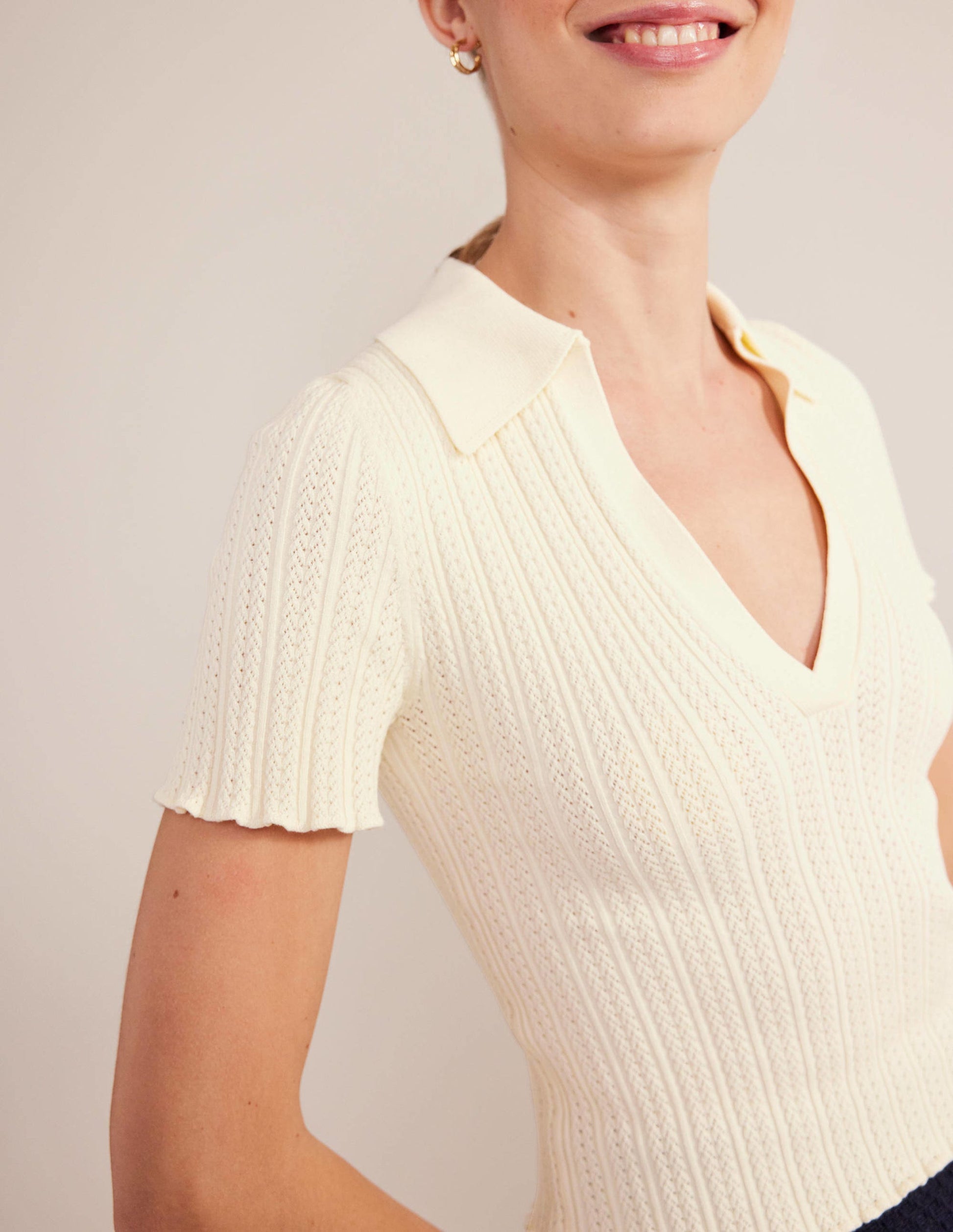 Rippstrick-T-Shirt mit Kragen-Warmes Naturweiß-2
