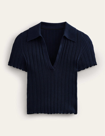Rippstrick-T-Shirt mit Kragen-Marineblau-5