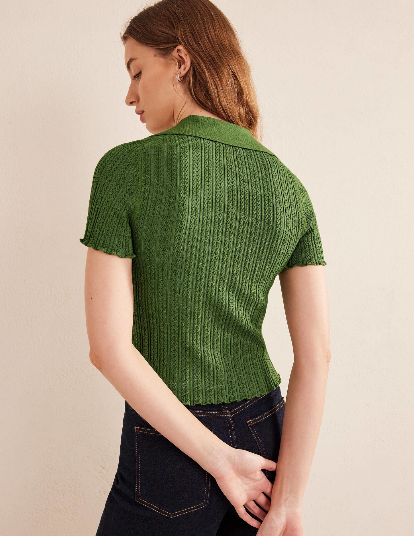Rippstrick-T-Shirt mit Kragen-Parkgrün