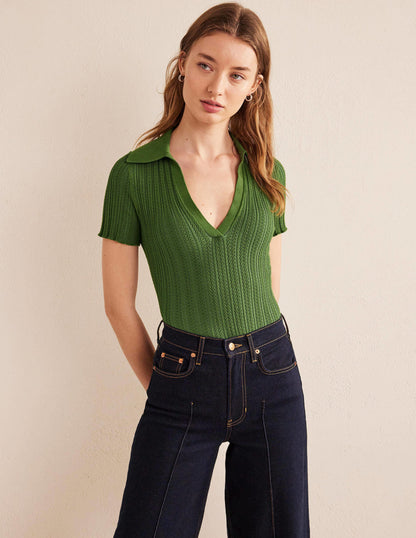 Rippstrick-T-Shirt mit Kragen-Parkgrün-4