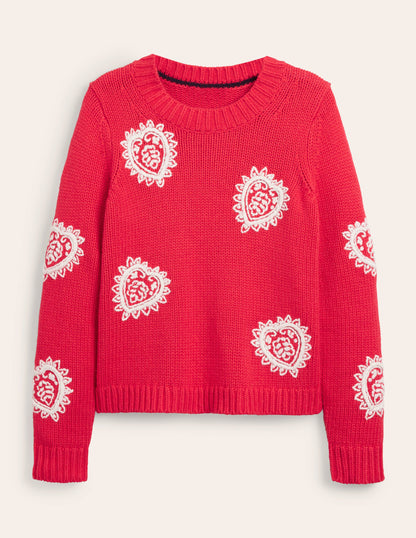 Grobstrick-Pullover mit Stickerei-Erdbeerkuchenrot