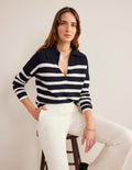Kaschmirpullover mit Kragen-Marineblau/Naturweiß, Gestreift