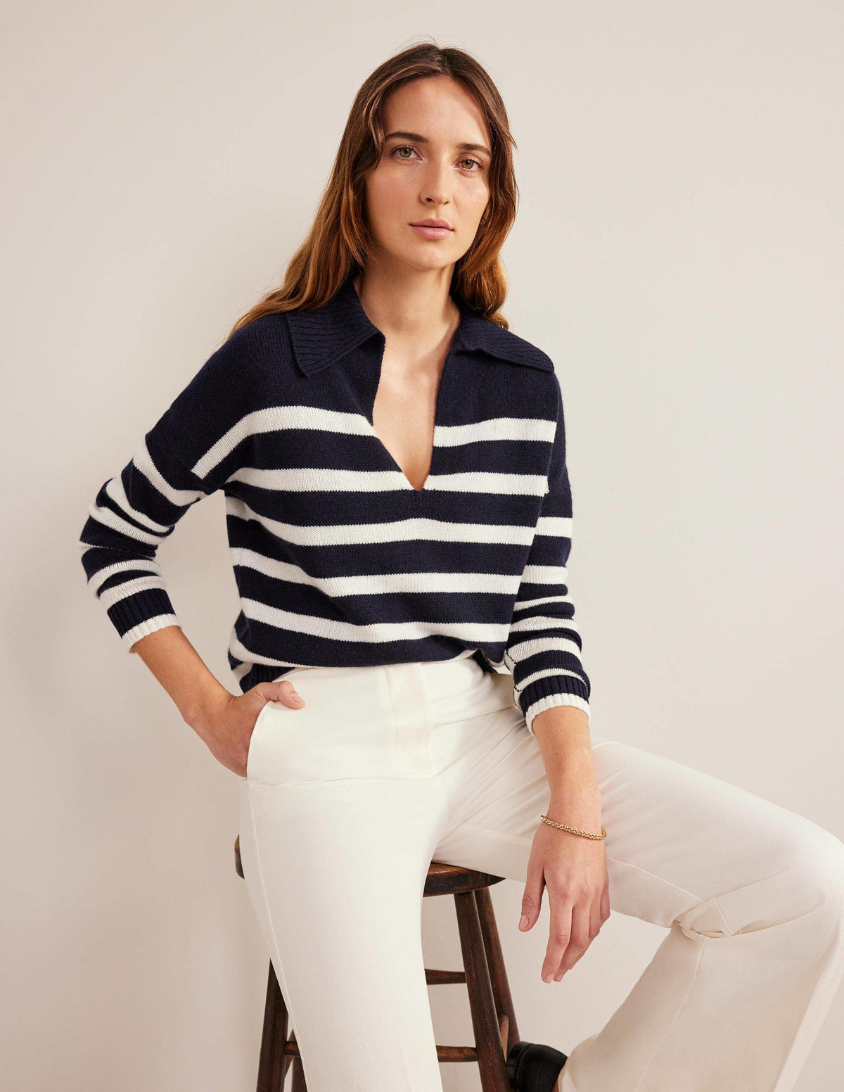Kaschmirpullover mit Kragen-Marineblau/Naturweiß, Gestreift-1