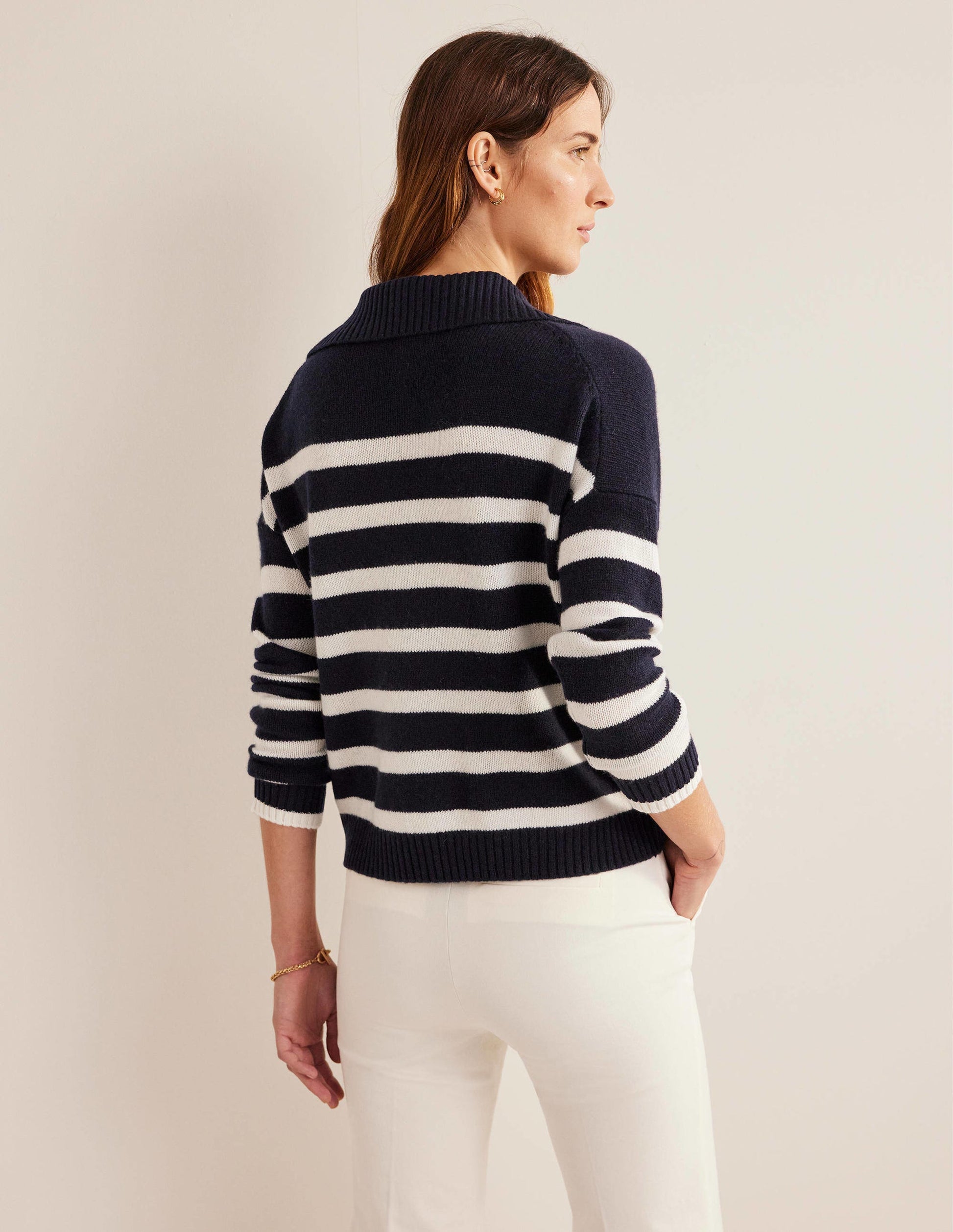 Kaschmirpullover mit Kragen-Marineblau/Naturweiß, Gestreift-3