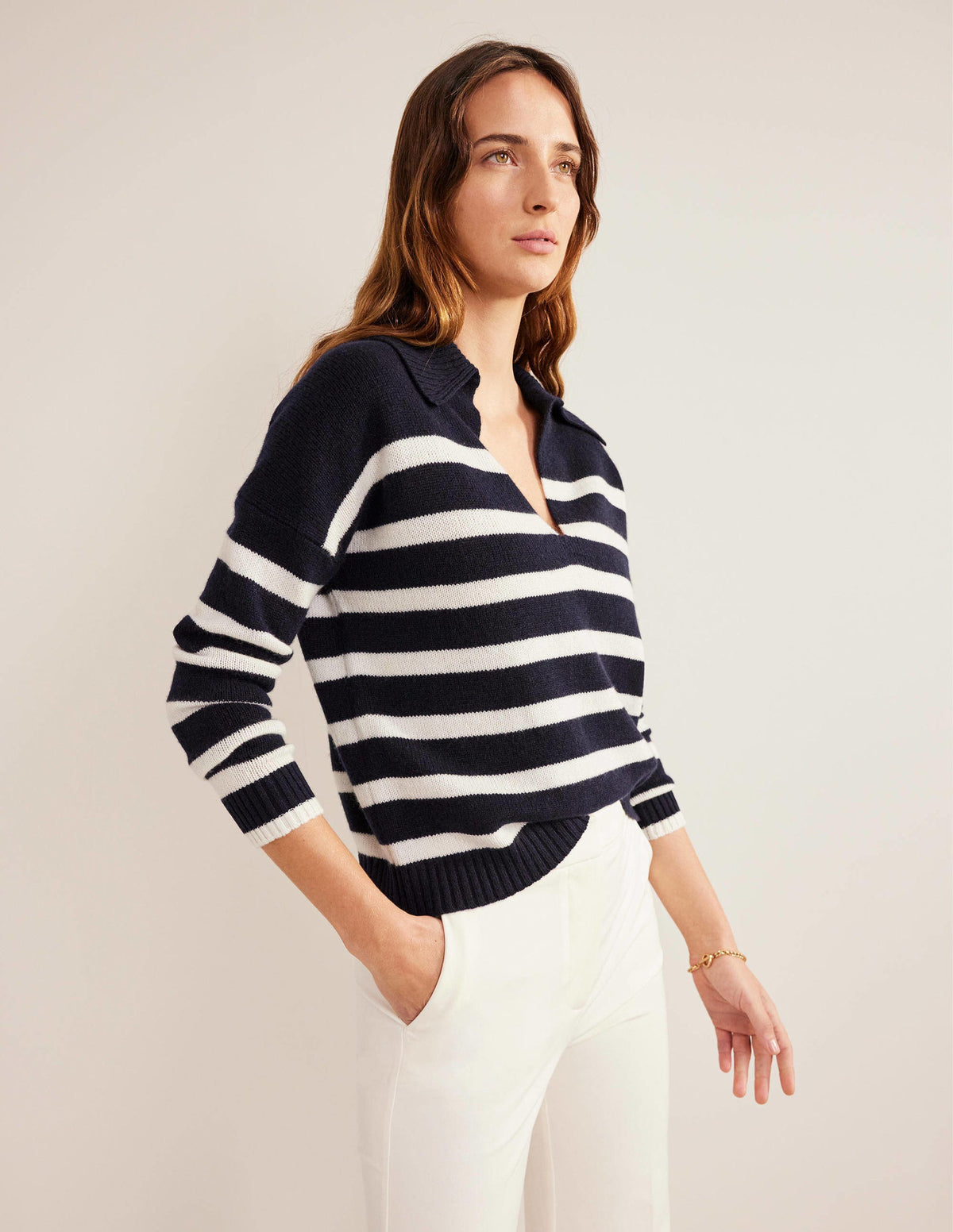 Kaschmirpullover mit Kragen-Marineblau/Naturweiß, Gestreift - Image 4
