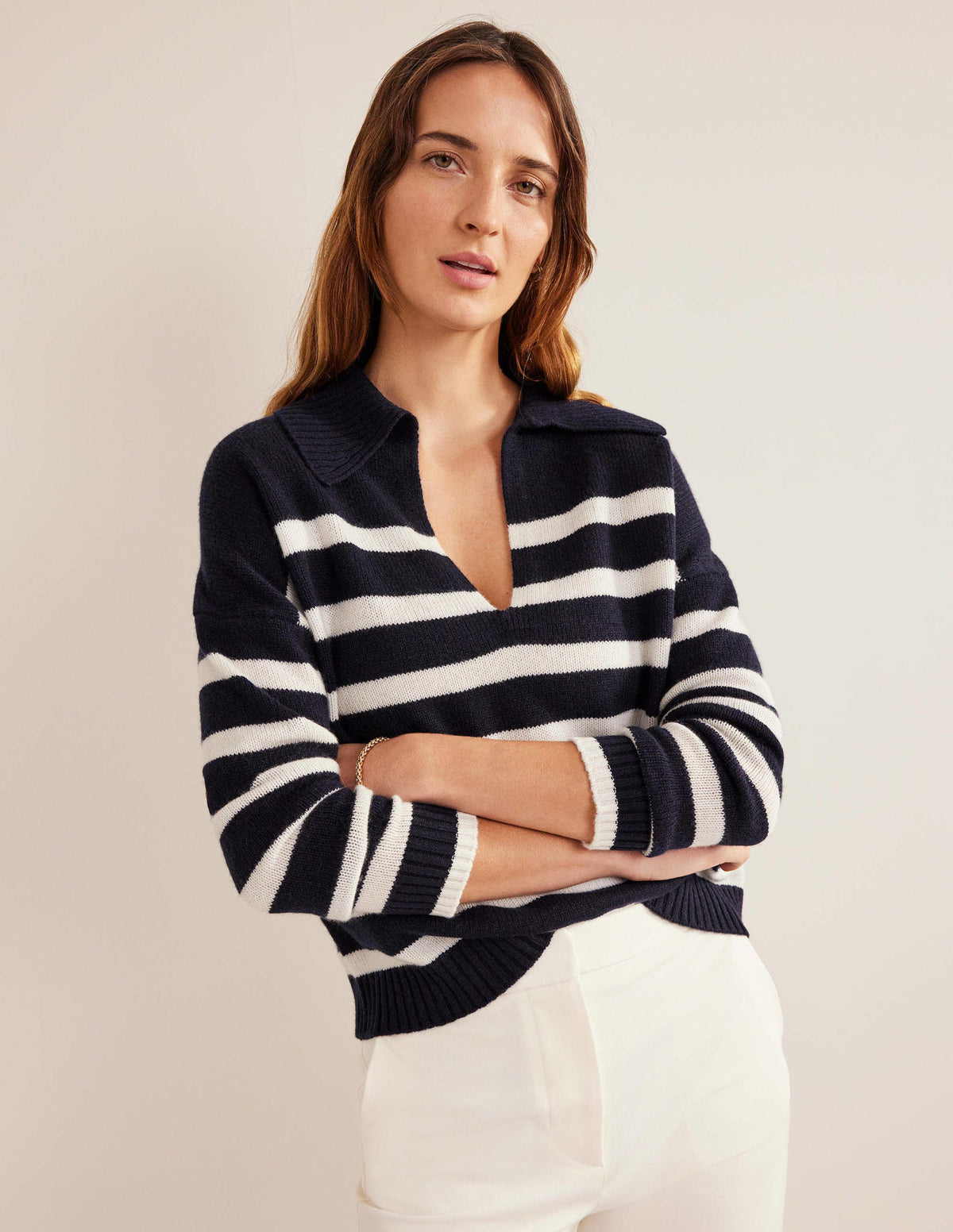 Kaschmirpullover mit Kragen-Marineblau/Naturweiß, Gestreift-6