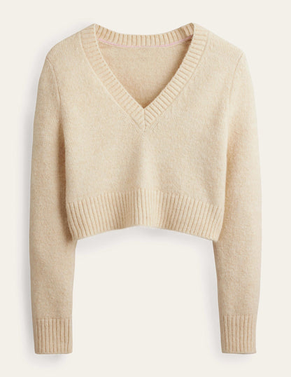 Kurz geschnittener Pullover mit V-Ausschnitt-Seilbraun-6