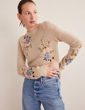 Pullover mit Blumenstickerei-Mausbraun Melange, Blumenmuster