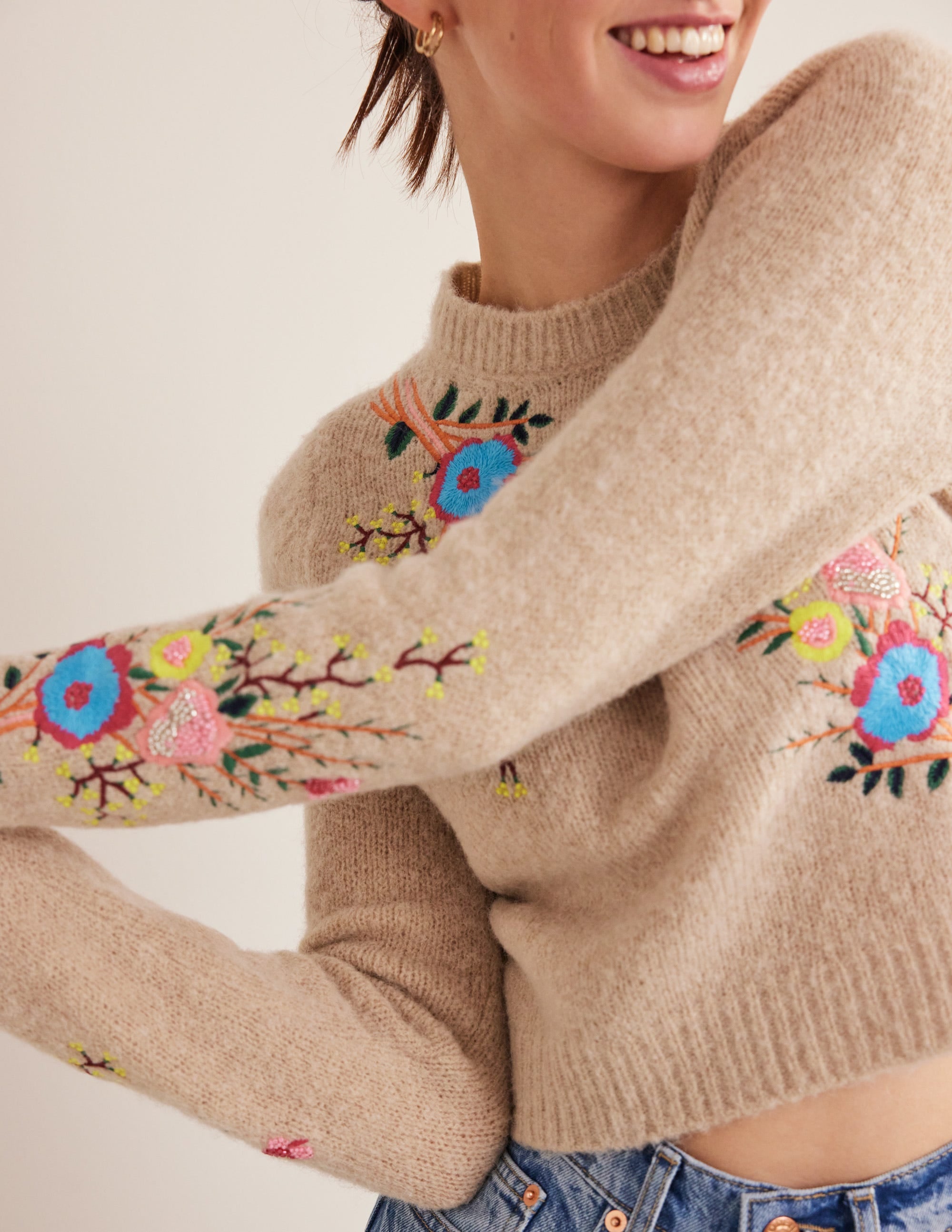 Pullover mit Blumenstickerei-Mausbraun Melange, Blumenmuster - Image 2