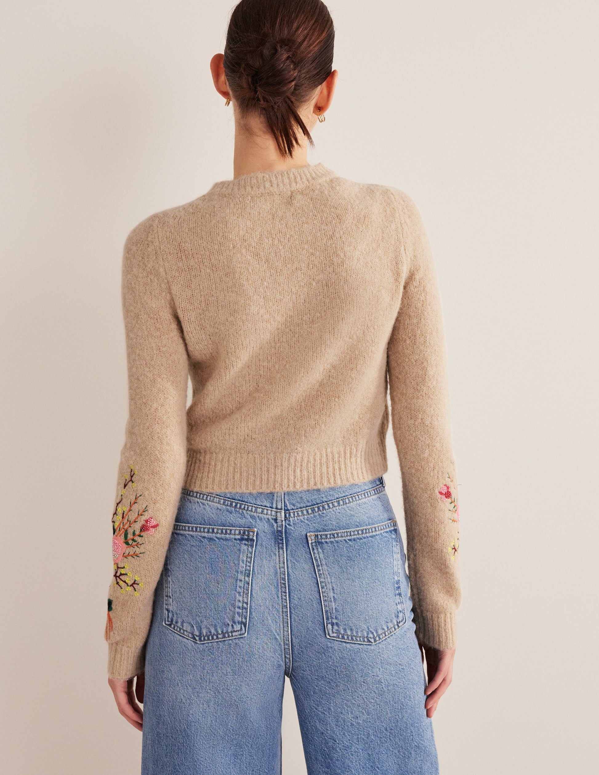 Pullover mit Blumenstickerei-Mausbraun Melange, Blumenmuster-3