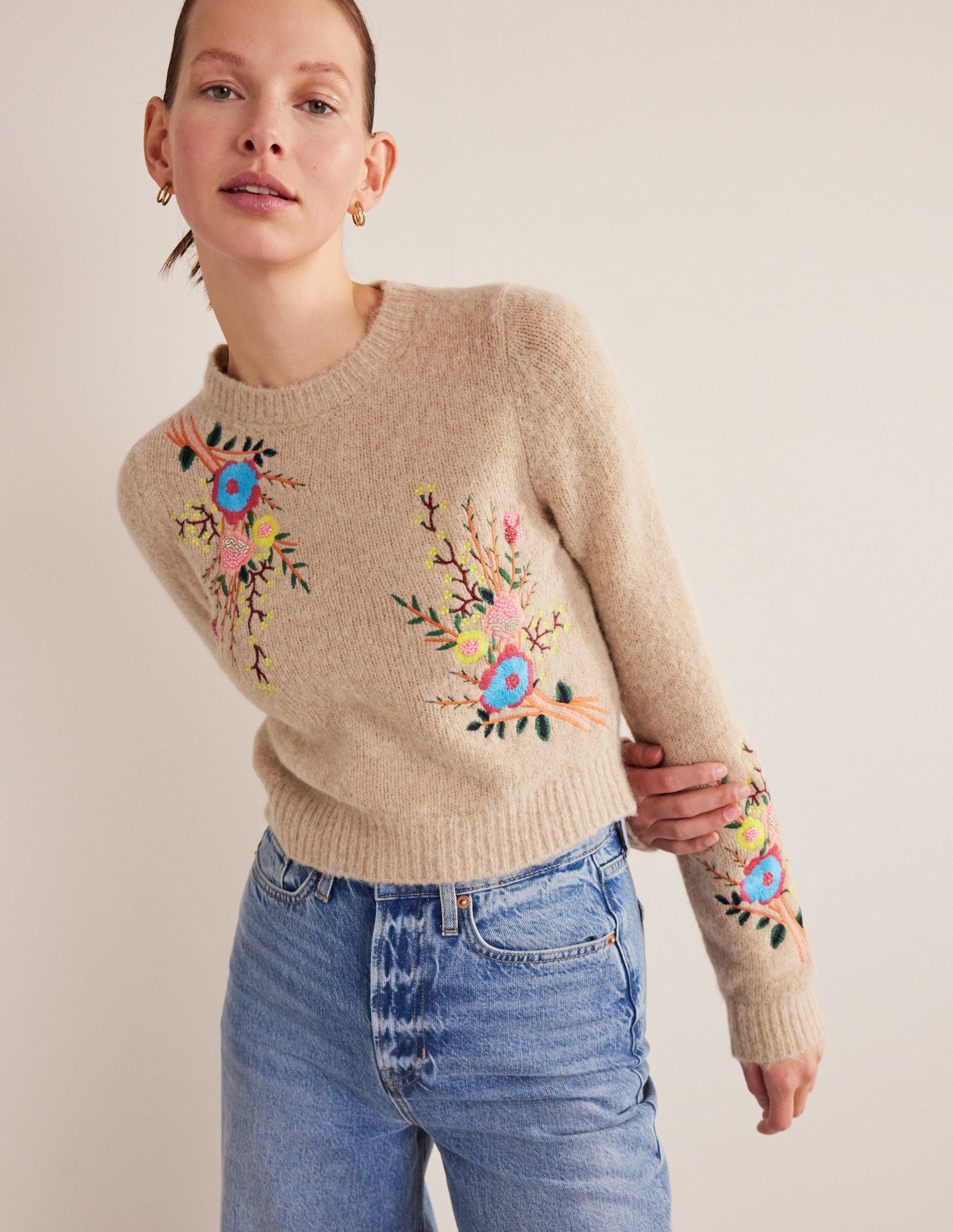 Pullover mit Blumenstickerei-Mausbraun Melange, Blumenmuster-4
