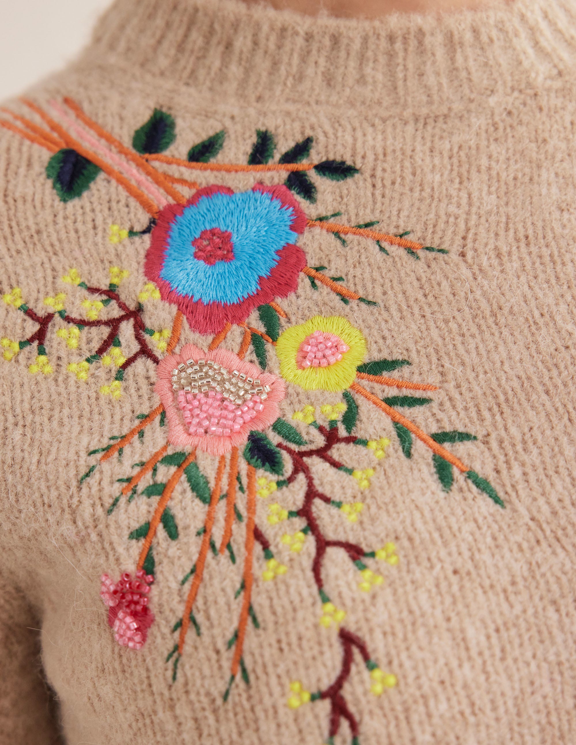 Pullover mit Blumenstickerei-Mausbraun Melange, Blumenmuster - Image 5
