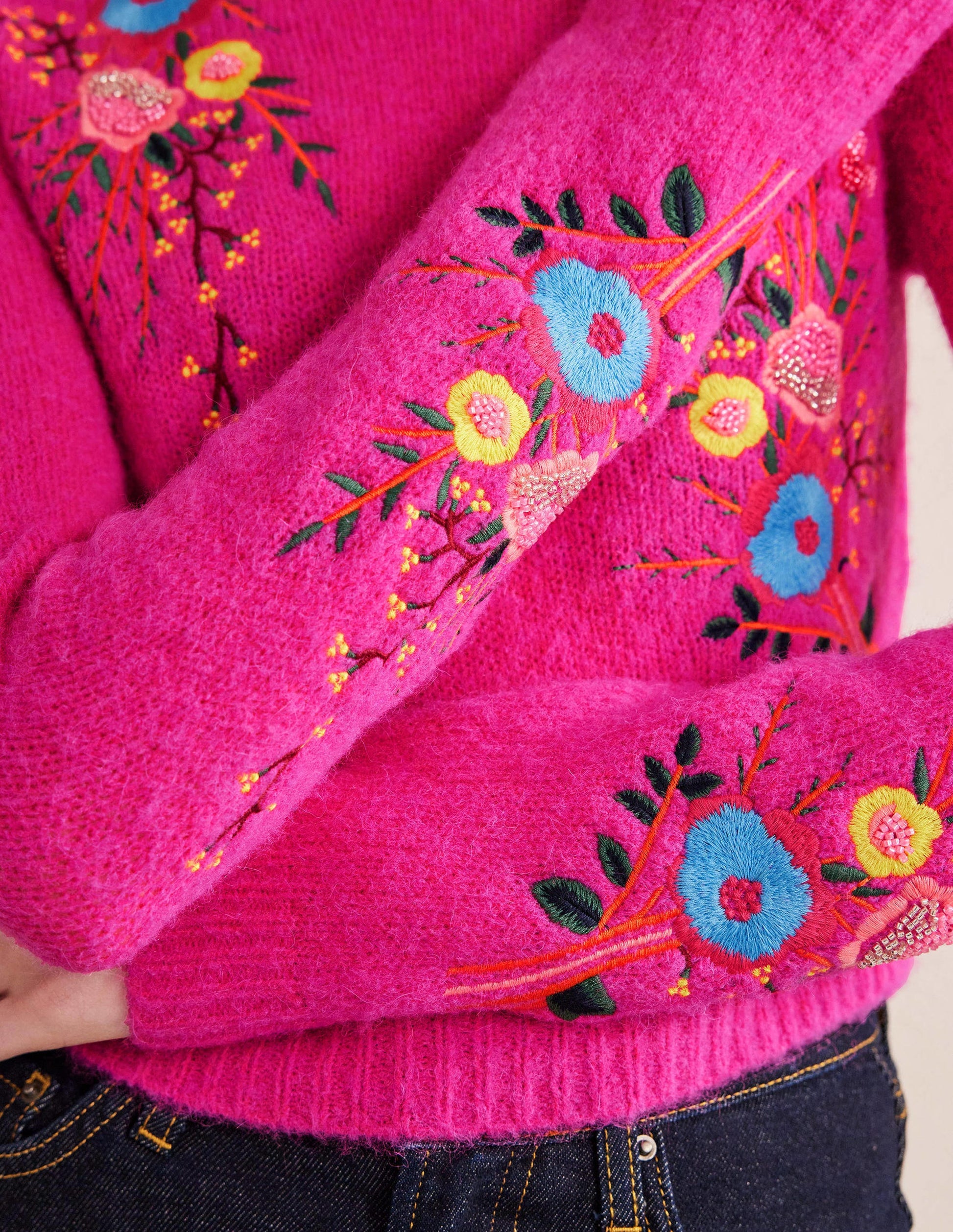 Pullover mit Blumenstickerei-Knallpink, Blumenmuster-2