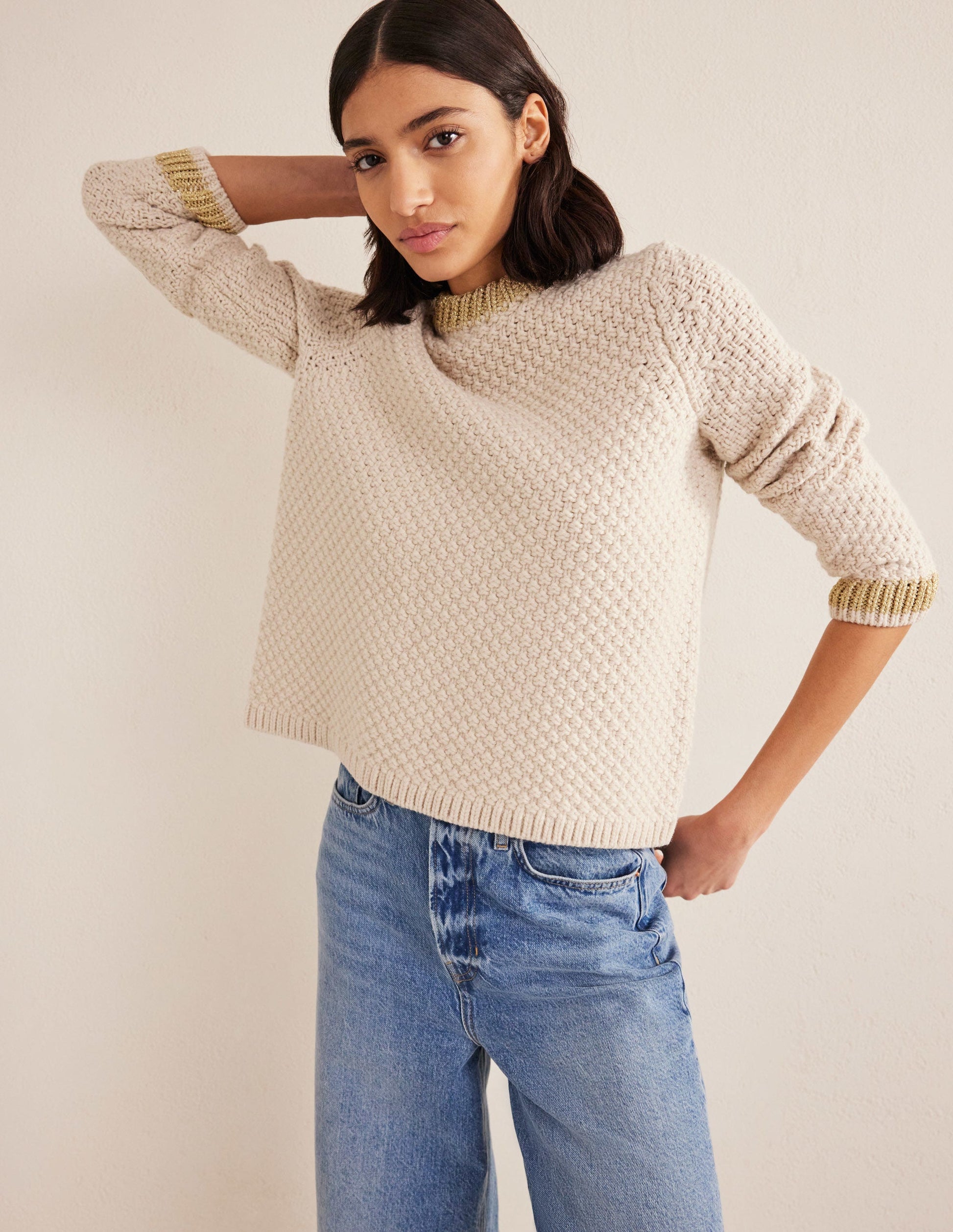 Strukturierter Grobstrickpullover-Lammfell, Gold-1