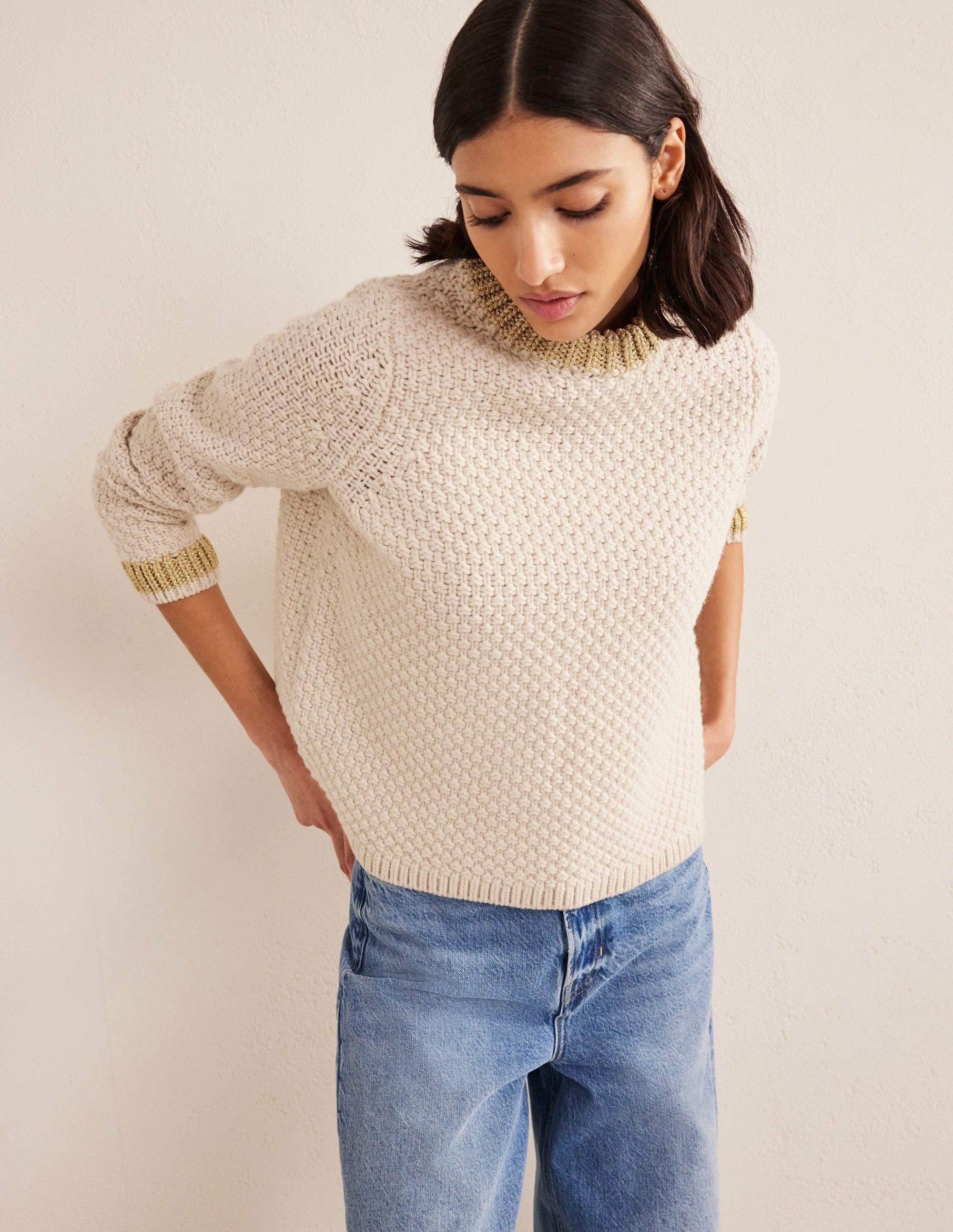 Strukturierter Grobstrickpullover-Lammfell, Gold - Image 4
