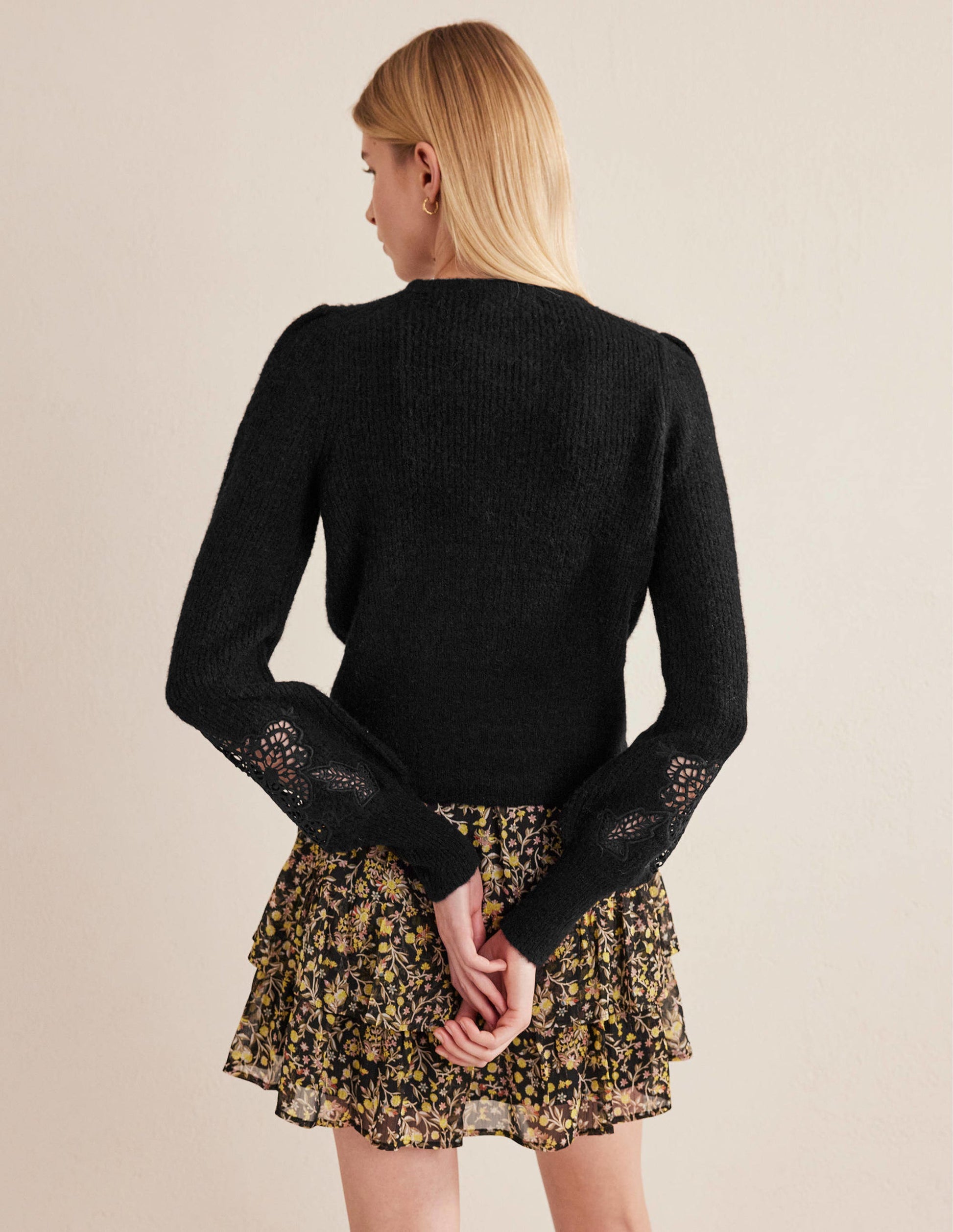 Lace Panel Fluffy Jumper-Black-3