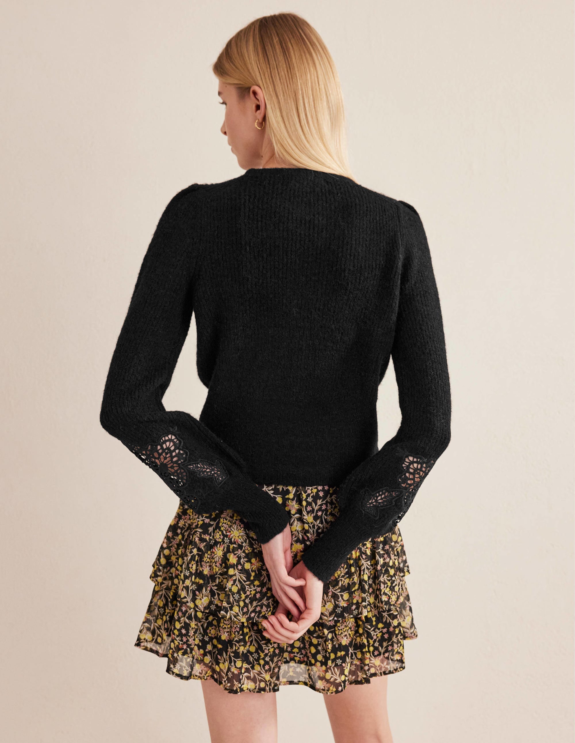 Lace Panel Fluffy Jumper-Black - Image 3